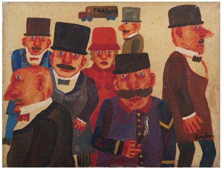 FRANZ BORGHESE Roma 1941 - 2005 Sette figure Olio su tela cm 30 x 40 Firma in...