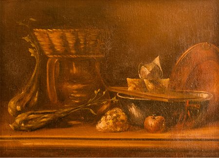 Scuola Italia Centrale Dipinto raffigurante "Natura morta con ortaggi, frutta...