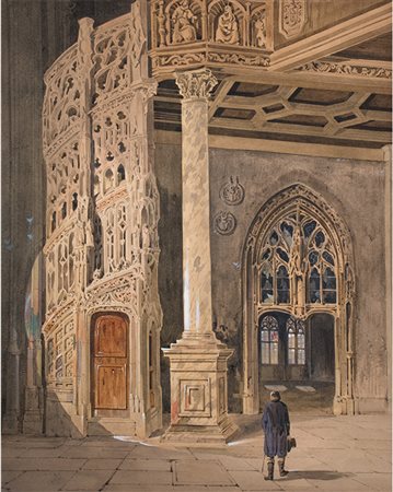 Anonimo Coppia di acquerelli. A "Scena raffigurante l'interno di una...