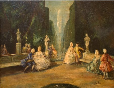 Dipinto raffigurante "Scena galante ambientata all'interno di un giardino" XX...