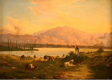 Scuola italiana Dipinto raffigurante "Paesaggio con figura di donna e animali...