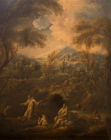 Scuola genovese Dipinto raffigurante "Scena di paesaggio con tre figure...