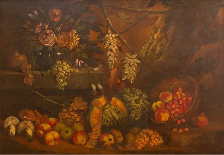 Scuola italiana Dipinto raffigurante "Natura morta con fiori, ortaggi e...