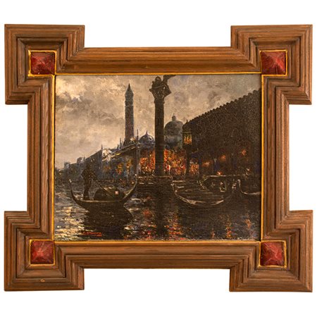 Scuola veneta Dipinto raffigurante "Scorcio di Venezia con gondola in primo...