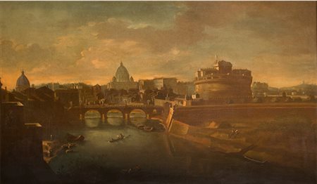 Scuola romana "Veduta di Roma con Castel Sant'Angelo e Ponte Sant'Angelo...