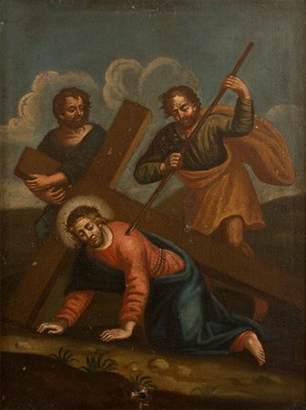 Scuola italiana Dipinto raffigurante "Salita al calvario" XIX sec. Olio su...