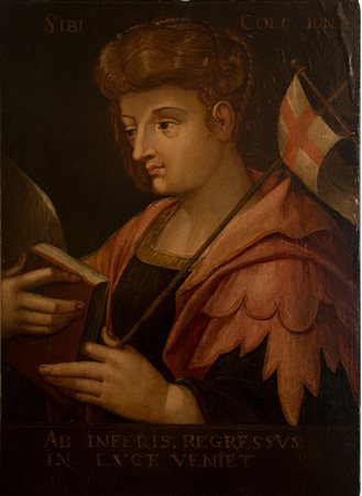 Scuola italiana Dipinto raffigurante "Figura con vessillo decorato con croce...