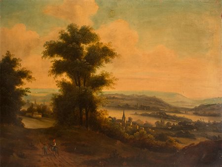 Scuola fiamminga Dipinto raffigurante "Paesaggio con viandanti" II metà XIX...