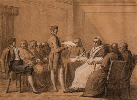 Scuola romana Coppia di disegni raffiguranti "Storie di Pio VII": A "Firma...