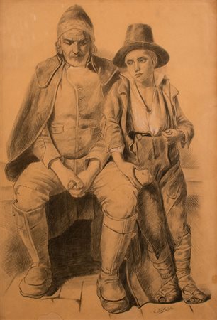 Scuola romana Disegno raffigurante "Due personaggi popolani: un uomo seduto...
