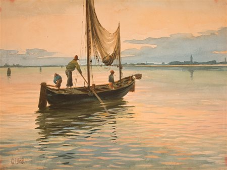 Scuola veneta Acquerello raffigurante "Veduta della laguna di Venezia" II...