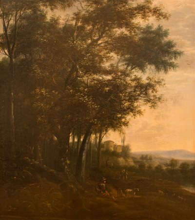 Scuola olandese Dipinto raffigurante "Paesaggio campestre con figure" XVII...