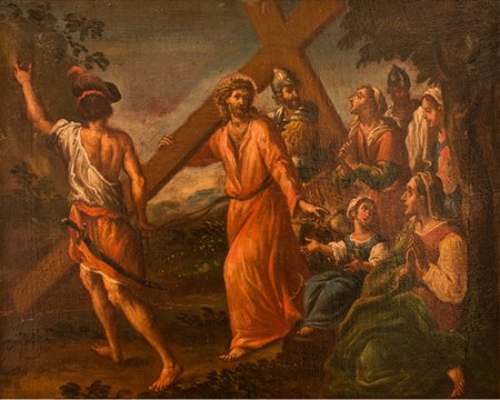 Scuola italiana Dipinto raffigurante "Salita al calvario" II metà XVII sec....