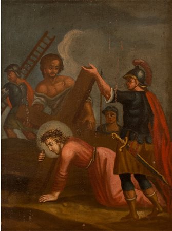 Scuola italiana Dipinto raffigurante "Salita al calvario" XVIII sec. Olio su...