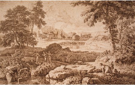 A. Meyeringh (attr.) Disegno raffigurante "Paesaggio" XVII-XVIII sec. Penna...