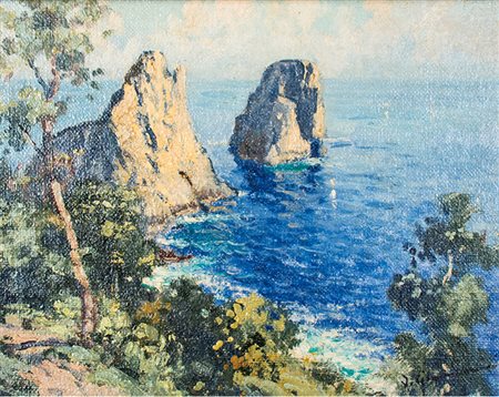 Anonimo Dipinto raffigurante "Paesaggio con faraglioni di Capri" fine...