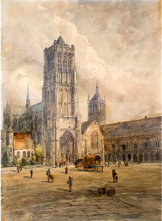 Scuola fiamminga Acquerello raffigurante "Veduta della cattedrale di San...