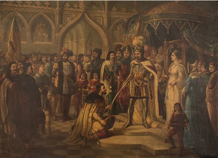 Joanides Dipinto raffigurante "Scena di investitura" XIX sec. (1877) Olio su...