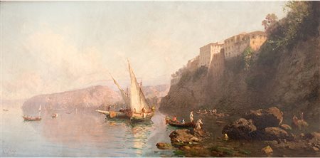 A. Volpe "Dipinto raffigurante Marina" XIX sec. Olio su tela; 90 x 45 cm.