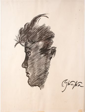 Paulo Ghiglia Disegno raffigurante volto di profilo XX sec. Carboncino su...