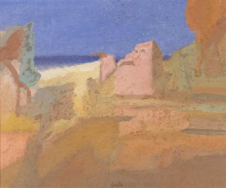 FRANCO BERALDO (Meolo 1944) Paesaggio con case Strappo d'affresco, cm. 50 x...