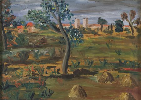 PITTORE ITALIANO XX SECOLO Paesaggio fluviale Olio su tavoletta, cm. 28 x 38