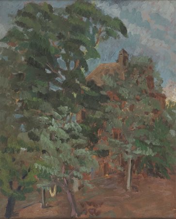 PITTORE ITALIANO, XX SECOLO Paesaggio con bosco Olio su tela, cm. 57 x 45,5