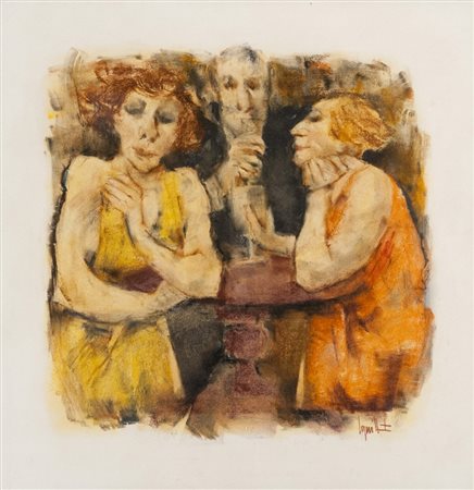 REMO SQUILLANTINI (Stia 1920 - Firenze 1996) Al Caffè Tecnica mista su...