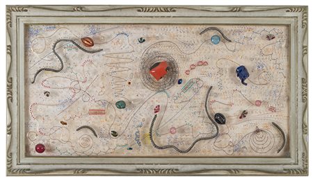 COMPOSIZIONE IN PASTA DI VETRO con applicazioni a caldo di oggetti in...