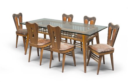 UMBERTO PESCHI (att.o) (Macerata 1912 - 1992) Tavolo e sei sedie, 1939-1944...