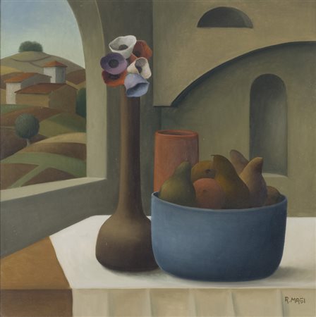 ROBERTO MASI (Firenze 1940- 2011) Natura con pere e fiori Olio su tela, cm....