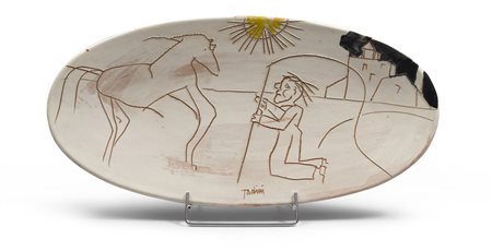 EMILIO TADINI (Milano 1927 - 2002) Paesaggio con uomo e cavallo Ceramica...