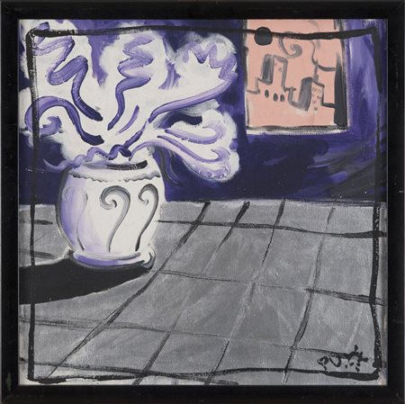 PITTORE XX SECOLO Vaso in interno Tecnica mista su tela, cm. 40 x 40 Firma...