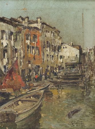 Felice Giordano (1880 1964) Canale, Olio su tela, cm. 33x23,5 Firmato in...