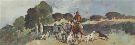 Carlo Domenici (Livorno 1897 Portoferraio 1981) Caccia, Olio su faesite, cm....