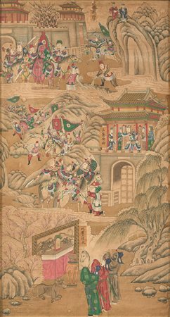 Tre pannelli dipinti raffiguranti battaglie ed episodi epici risalenti al...