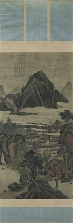 Dipinto raffigurante paesaggio montano nello stile di Xia Gui, inchiostro e...