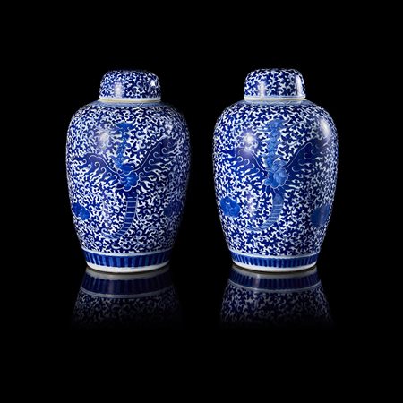 Coppia di potiche con coperchio in porcellana bianca e blu decorati con...