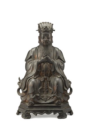 Scultura in bronzo raffigurante un ufficiale mandarino con copricapo e lunghe...