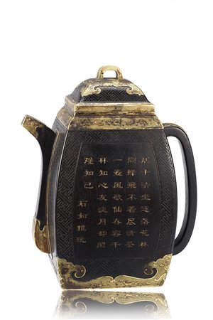 Teiera con coperchio in legno zitan con montatura e inserti in bronzo dorato...