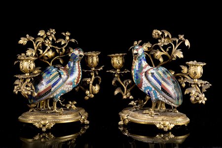 Elegante coppia di bruciaincenso a guisa di quaglie in metallo cloisonnË, i...