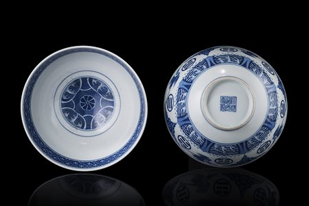 Coppia di ciotole in porcellana bianca e blu, decorate con gru in volo...