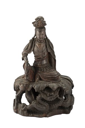 Scultura in legno laccato raffigurante Guanyin seduta in una variante della...