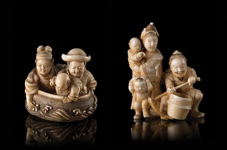 Due netsuke in avorio, uno raffigurante una famiglia di contadini, firmato,...