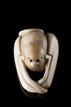 Netsuke in avorio raffigurante piccolo pipistrello con ali avvolte Giappone,...