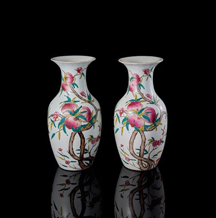 Coppia di vasi in porcellana Famiglia Rosa decorati con motivo delle nove...