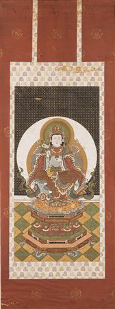 Dipinto raffigurante un Bodhisattva con corona e gioielli, seduto su...