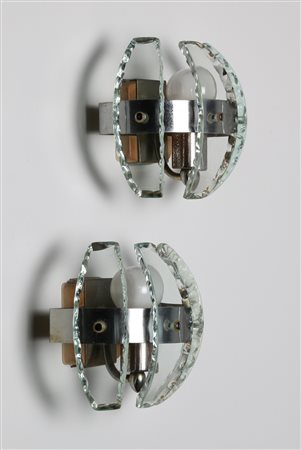 MANIFATTURA ITALIANA Coppia di appliques in metallo cromato e cristallo, anni...