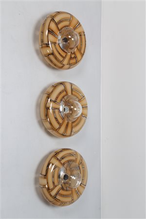 BAROVIER & TOSO Tre lampade da parete/soffitto in metallo cromato e vetro a...