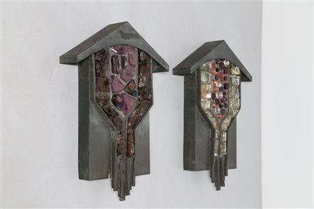 POLIARTE VERONA Coppia di grandi appliques in bronzo e vetro scalpellato,...